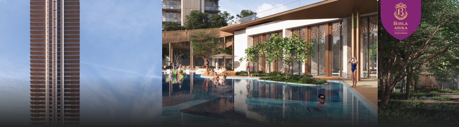 Birla Arika — exterior tower, pool courtyard, and project crest